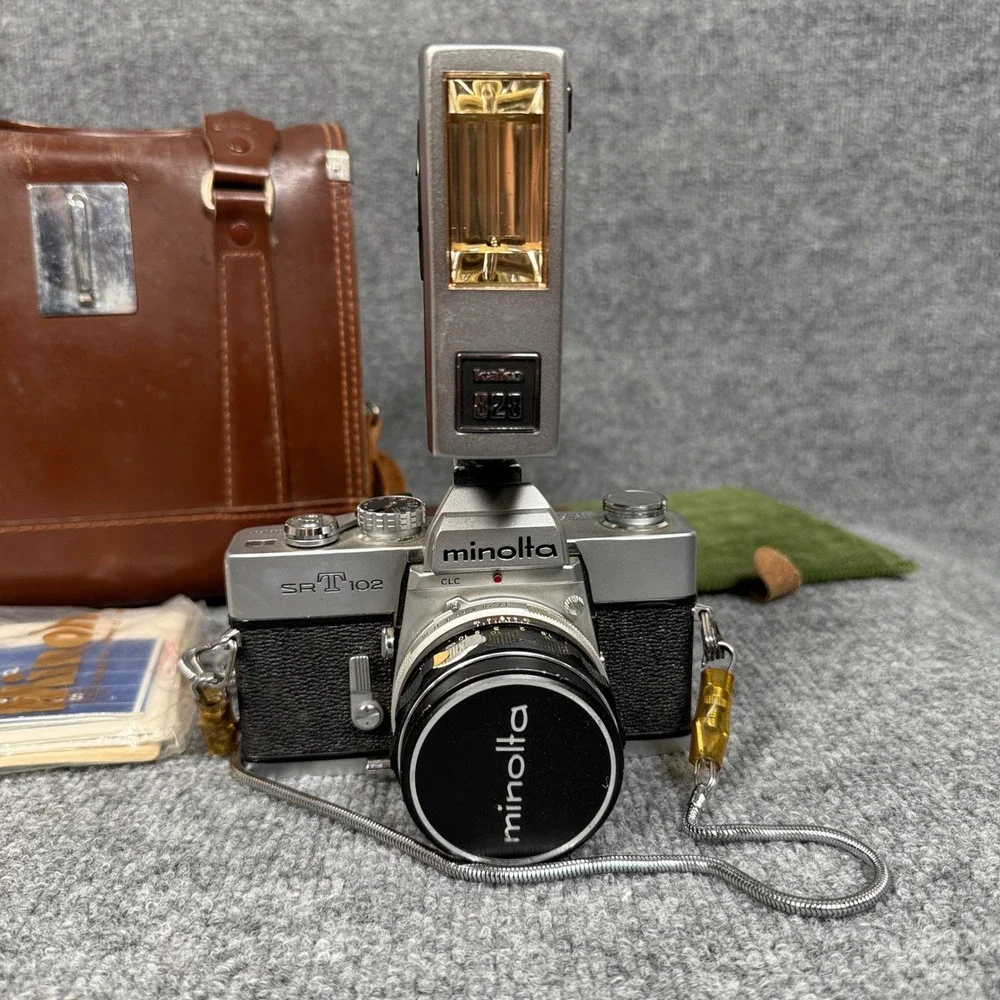 Minolta SR-T 102 Film Camera Black F:55M With Leather Bag 9.5X9X7 Japan